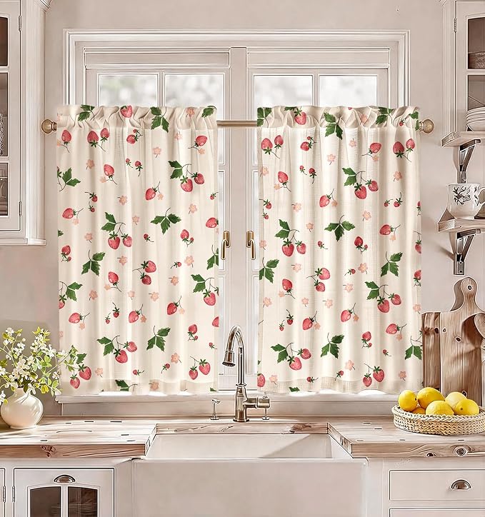 Miss Adola Farmhouse Kitchen Tier Curtains - 36 Inch Length Linen Blend Country Cafe Curtains Strawberry Small Window Treatments Over Sink Rod Pocket for Bathroom Living Room Light Filtering, 2 Panels