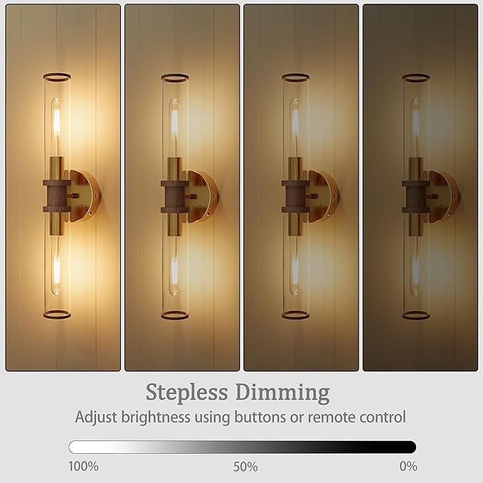 Rayogale Gold & Walnut Wireless Battery Operated Wall Sconces with Remote | Glass Rechargeable Wall Lights Set of 2 with Timer Function Dimmable for Living Room Bedroom Emergency 3000K, 20.5 Inch