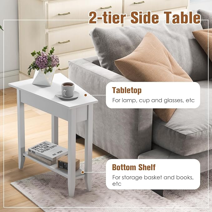 Giantex White Wedge End Table Set of 2, Triangle Side Table with Storage Shelf and Solid Wood Legs, Recliner Table, 24.5" Tall Nightstand, Modern Narrow Accent Table for Small Space Living Room
