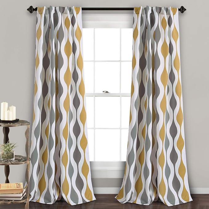 Lush Decor Mid Century Geo Light Filtering Window Curtain Panel Pair, 52" W x 108" L, Gold & Gray