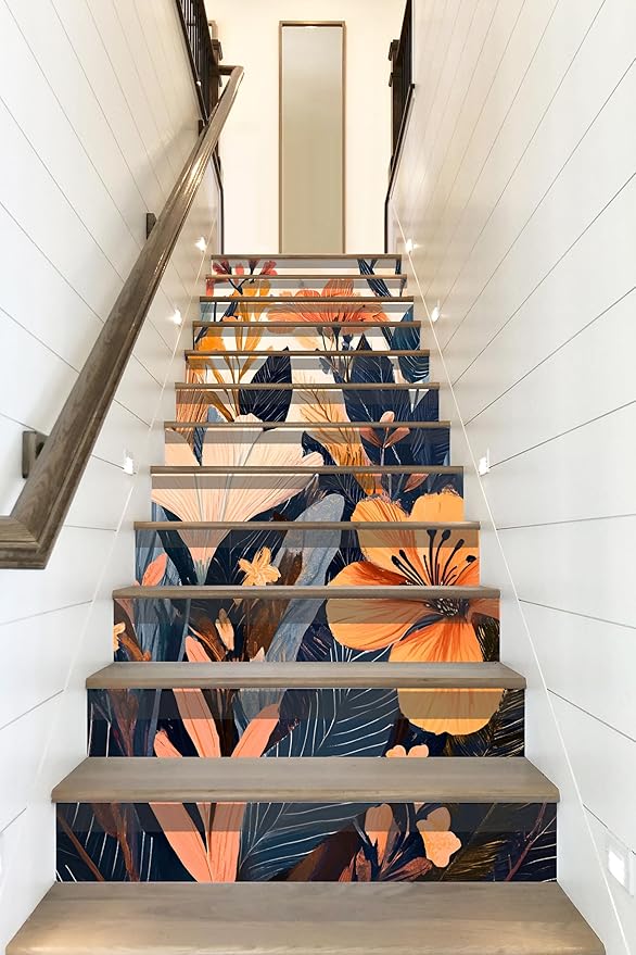 AMAZING WALL Peel and Stick Removable Abstract Flower Floral Botanical Print Decoration Decor Decals Mural Risers Stairs Self Adhesive Wall Sticker Set 12 PCS