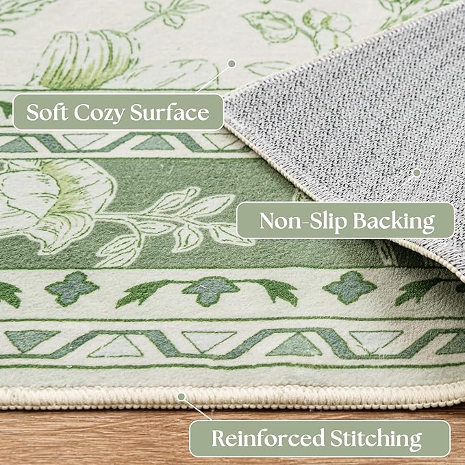 Sage Green Runner Rug 2x6 for Hallways, Non-Slip Washable Kitchen Runner Vintage Boho Farmhouse Floral Sketch Printed Rug Floor Carpet for Laundry Bedroom Entryway Green Cream Beige Flower Design