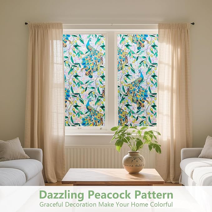 Kromapolis Window Privacy Film, Stained Glass Sticker Floral Window Clings, Decorative Static Clings UV Blocking Colorful Decals, Removable Vinyl Covering Rainbow Peacock, 23.6'' x 157.4''