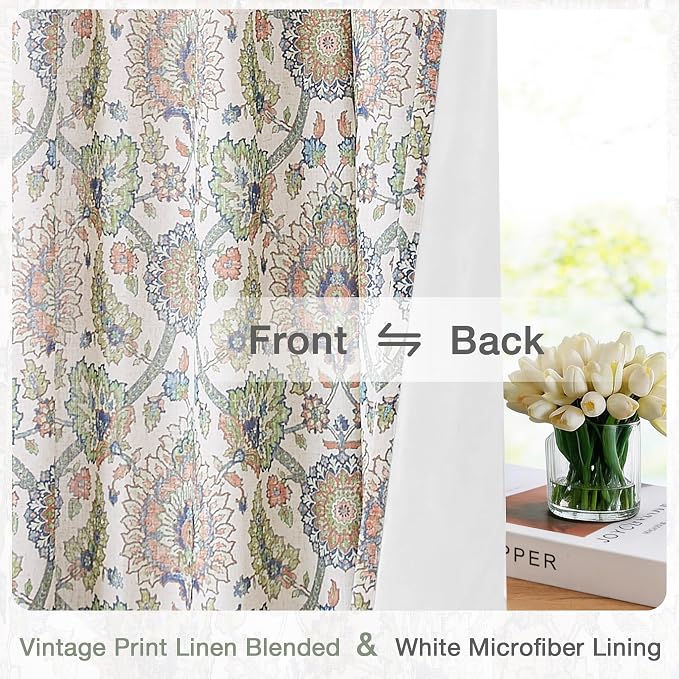 Vision Home Green Damask Floral Pinch Pleated Light Filtering Curtains, Linen Window Drapes with Microfiber Liner & Back Tab Hooks for Living Room Bedroom, Bohemian Medallion Print 40" Wx108 Lx2