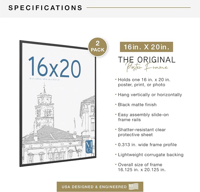 MCS Original Poster Frame 16x20 Black Lightweight Vertical & Horizontal Wall Hanging Large Picture Frame for Posters, Art Prints & Gallery Wall (2-Pack)