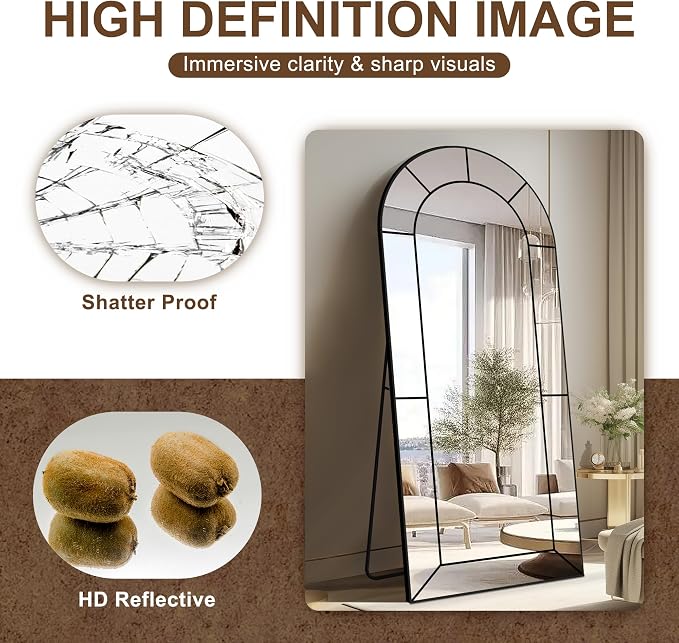 Wall Mirror,Full Length Floor, Window Pane Mirror for Living Room Decor, Decorative Wall Art, Large Wall for Bedroom, Hallway, Living Room Arch-65"X28"