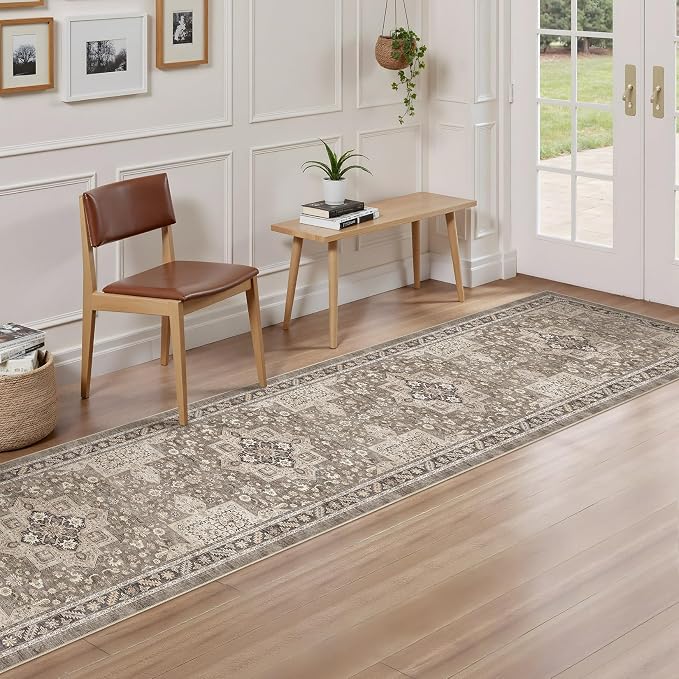 Vintage Hallway Runner Rug 2x10: Large Soft Washable Entryway for Kitchen Laundry Room Non-Slip Backing Runner for Entrance Living Room Bedroom Bathroom - Brown