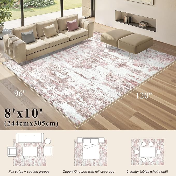 Area Rugs 8x10 Living Room: Washable Large Abstract Modern Neutral Soft Rug Stain Resistant Non-Slip Backing Carpet for Bedroom Dining Room Indoor Nursery Dorm Home Office Decor - Pink