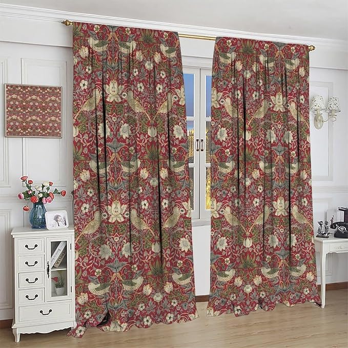 Boho William Morris Blackout Curtains, Retro Bird Plant Natural Flower Pattern Print Window Drapes, for Living Room Bedroom 27.5(W)*63(L) 2 Panels