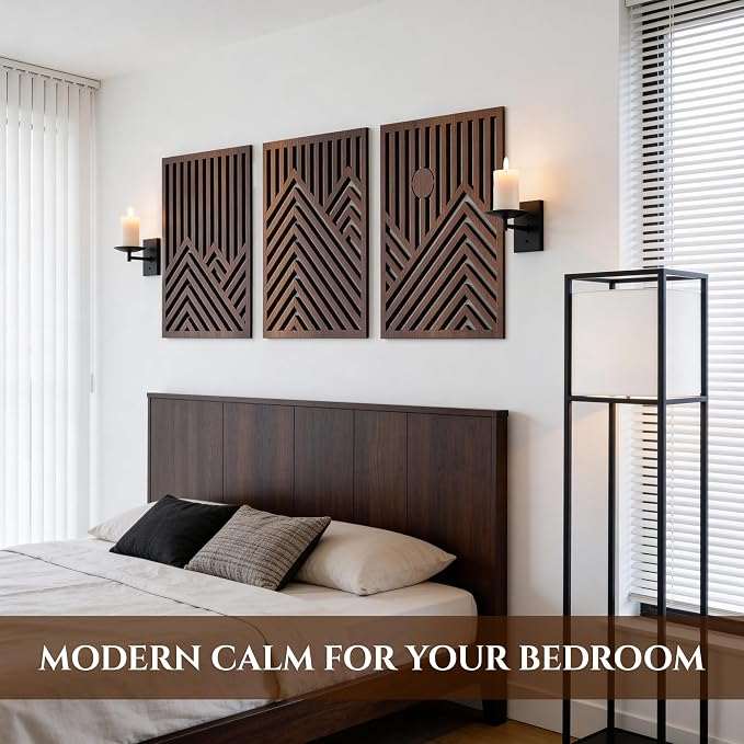 qmmp Modern Wooden Wall Sculptures - Set of 3 - Home Decor Accent - Large Wall Art for Living Room, Bedroom, Office - Easy Installation (Walnut, XXLarge - Mountain and Sun)