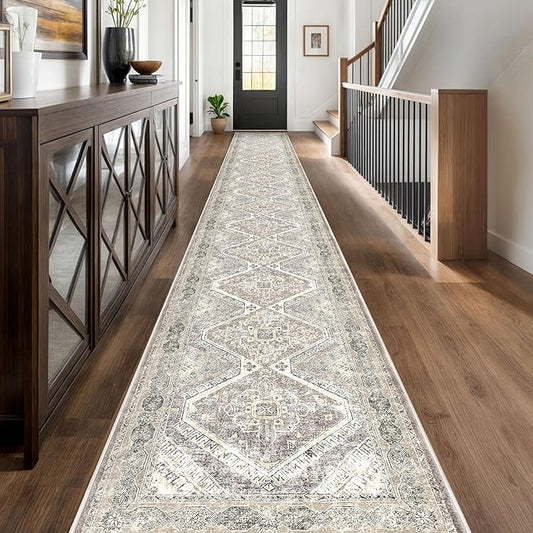 KUTA Extra Long Runner Rug for Hallway 2.6x20ft, Oriental Washable Kitchen Rugs, Ivory Grey Yellow Brown Non-Slip Stair Runners Indoor Soft Printed Vintage Carpet for Bedroom Living Room Nursery