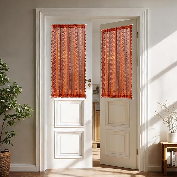 Sutuo Home Burnt Orange French Door Curtain for Glass & Sidelights, Bohemian Tassels Vintage Chic Patio Privacy Drapes for Front Door Halloween Decor, Rod Pocket 2 Panels 25" W x 40" L,Terracotta