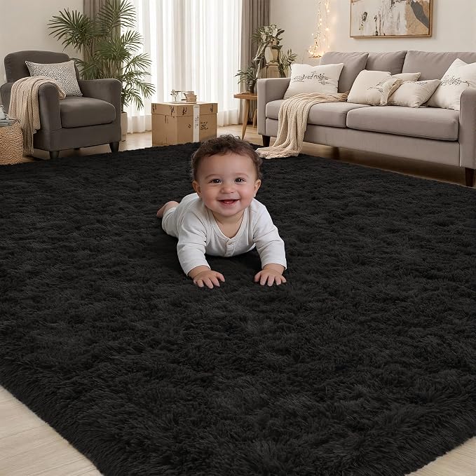 Area Rug for Living Room Bedroom: 5x7 Black Soft Fluffy Shag Upgrade Non-Slip High Pile Carpet Large Fuzzy Plush Indoor Floor Decor Shaggy Rug for Kid Boys Girls Dorms Playroom Nursery Modern Home