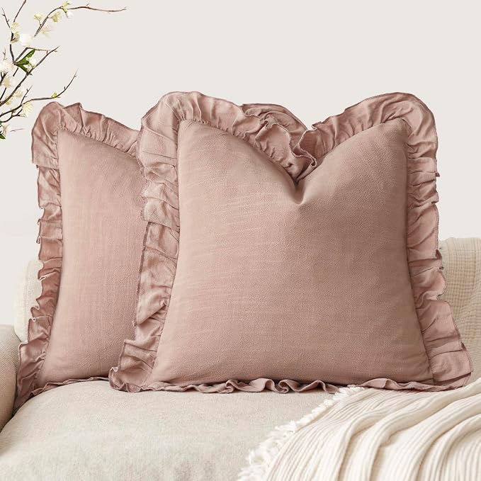 Foindtower Set of 2 Decorative Linen Fringe Ruffle Throw Pillow Covers Soft Boho Farmhouse Cushion Cover Cozy Accent Retro Pillowcase for Couch Sofa Bed Living Room Home Decor,18×18 Inch,Coral Pink