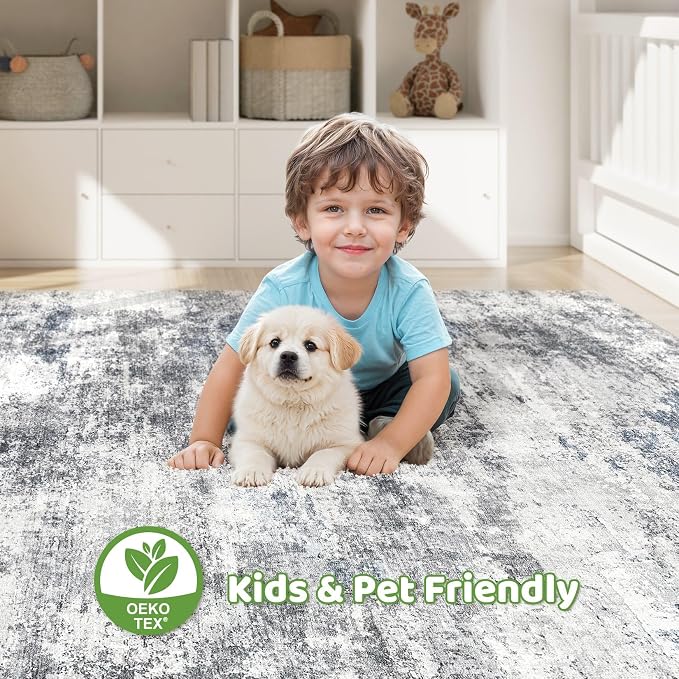 10x14 Area Rugs Living Room: Washable Large Abstract Neutral Modern Soft Rugs Stain Resistant Indoor Floor Non-Slip Accent Carpet for Bedroom Nursery Playroom Office Dining Room Home Decor- Blue Gray