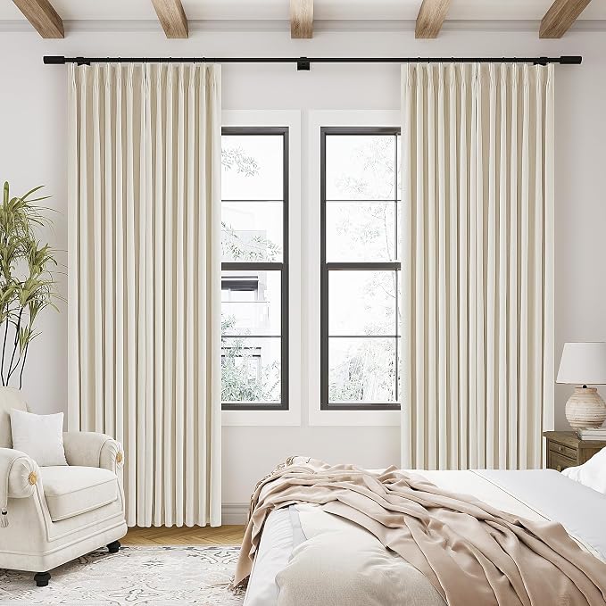 100% Black Out Curtains 80 Inch Length 2 Panels Pinch Pleated Back Tab Cream Beige Heat Blocking Window Boho Farmhouse Living Room Darkening Curtains Neutral Linen Blackout Drapes for Bedroom