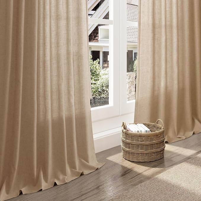 Sand Beige Linen 144 Inch Curtains for Living Room Simple Modern Light Filtering Semi Sheer Curtain Back Tab Rustic Luxury Home Decor Drapes Floor to Ceiling High Window for Bedroom 52x144, 2 Panels