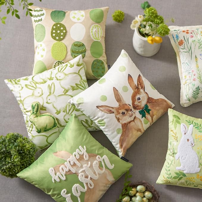 Phantoscope Pack of 4 Happy Easter Throw Pillow Covers, Velvet 3D Bunny Pillowcases Embroidered Egg Letter and Rabbits Pillows Spring Farmhouse Decorative Cushion Covers, Green, 18x18 inches