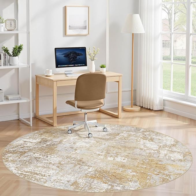 Tortania Washable 12' Round Area Rug for Living Room: Modern Abstract Neutral Large So' Thin Rugs - Non Slip Indoor Carpet for Bedroom Dining Room Office Nursery Home Floor Decoration - Brown Grey