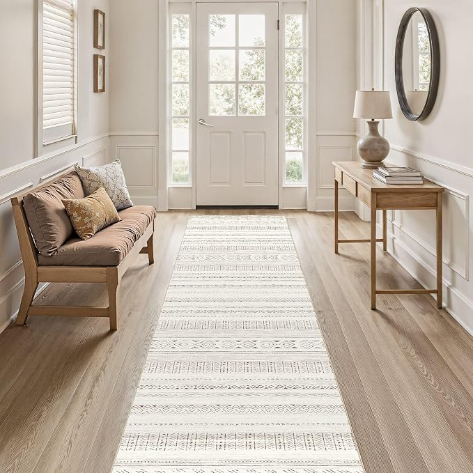 cotiled Hallway 2.6x8 Runner Rugs: Washable Boho Rugs with Non Slip Backing Large Soft Indoor Low Pile Carpet for Living Room Bedroom Farmhouse Dining Room Lightweight Home Decor L Brown/Cream