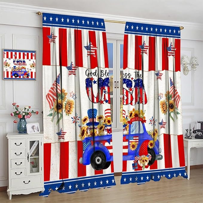 American Flag Curtains,4th of July Stars Stripe Sunflower Gnome Decor Drape for Bedroom Living Room Window Treatment 2 Panels Set Total Size 63" W X 72" L Inch