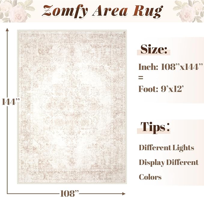 Area Rug 9x12 Vintage Rug: Large Washable Indoor Medallion Rugs Low Pile Distressed Floor Carpet Retro Accent Rug for Living Room Bedroom Kitchen Dining Table Home Office(Retro Beige, 9'x12')