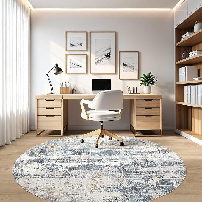 7ft Round Rug Living Room Rugs: 7x7 Washable Circle Large Abstract Modern Soft Stain Resistant Non Slip Indoor Floor Carpet for Bedroom Nursery Office Dining Room Dorm Home House- Light Blue