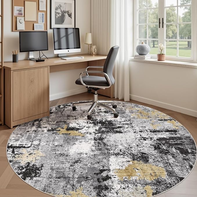 Abstract 9FT Round Rug: Machine Washable Non Slip Ultra Thin Low-Pile Carpet, Soft Stain Resistant for Living Dining Room Bedroom, Kid Pet Friendly, Robot Vacuum Compatible - Black Gold