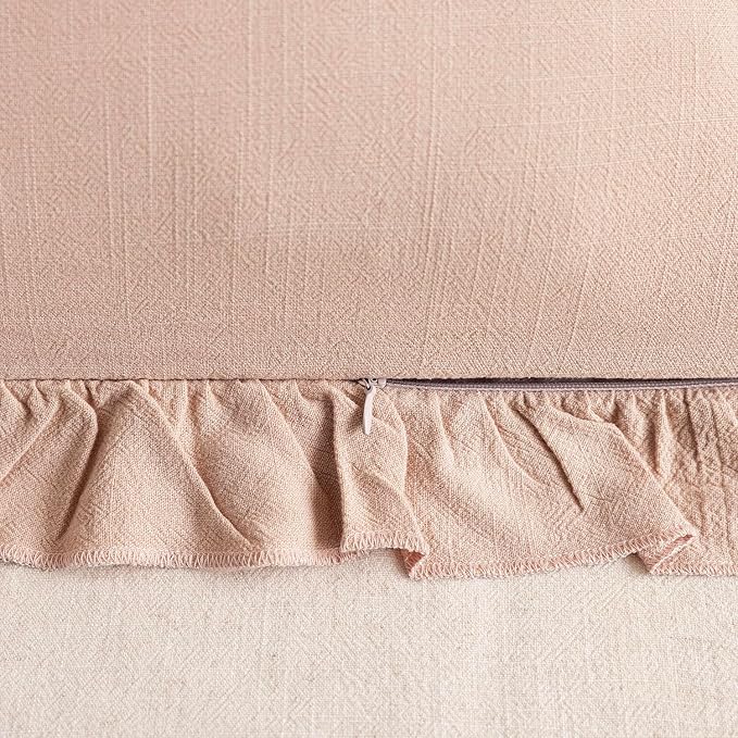 Foindtower Set of 2 Decorative Linen Fringe Ruffle Throw Pillow Covers Soft Boho Farmhouse Cushion Cover Cozy Accent Retro Pillowcase for Couch Sofa Bed Living Room Home Decor,20×20 Inch,Light Pink