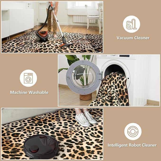 DweIke Leopard Print Rug for Living Room, Machine Washable 4x6 Cheetah Area Rugs for Bedroom, Non-Slip Low Pile Animal Hide Carpet with Rubber Backing for Dining Room Kitchen Home Decor,White Brown