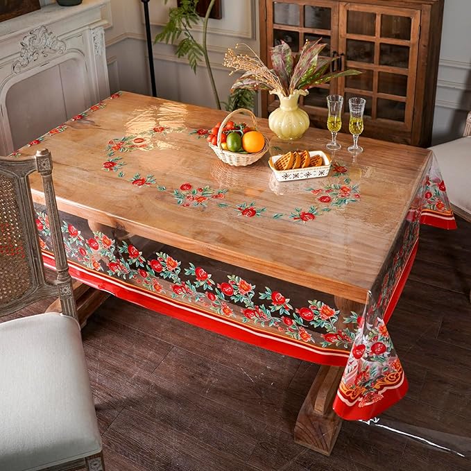 ARTABLE Clear Table Cloth Protector Vinyl PVC Rectangle with Floral Print Pattern Oil Proof Wipe-able Plastic Tablecloths for Dining Tables Parties Holidays (Pomegranate, 84" x 60" (Rectangular))