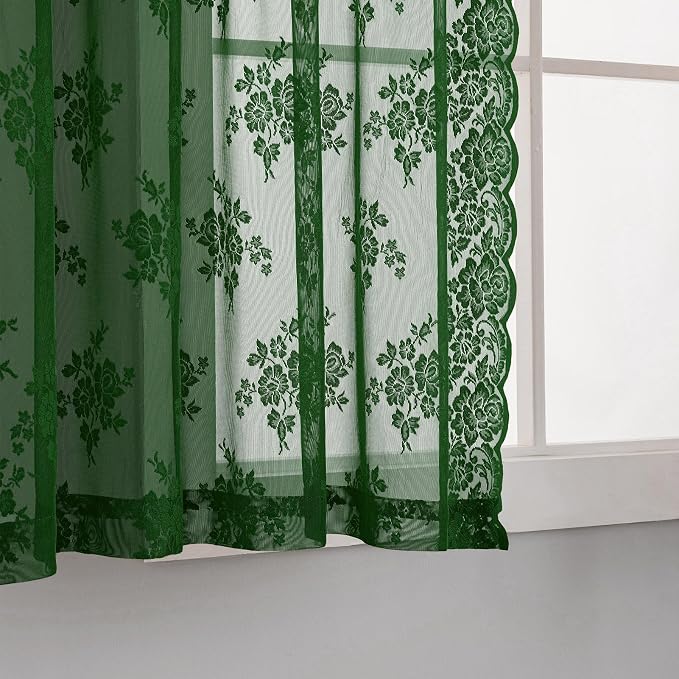 36 Inch Length Emerald Green Sheer Curtains Short 2 Panels Set Country Rustic Floral Hunter Green Lace Kitchen Window Curtains Over Sink, Rod Pocket Privacy Forest Green Lace Café Curtain, 42x36 Inch