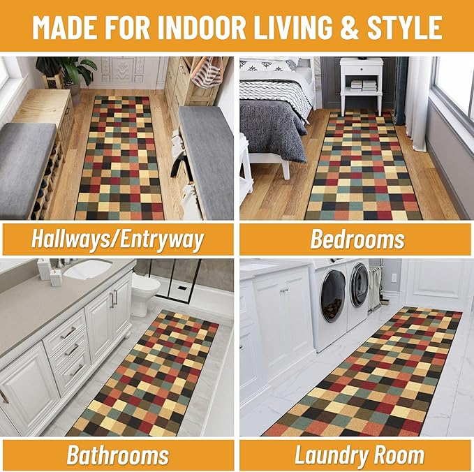 Ottomanson 2'7" x 20' Extra Long Hallway Runner Rug – Non Slip Low Pile Carpet Runner for Hallways, Corridors & Narrow Spaces, Checkered Multicolor
