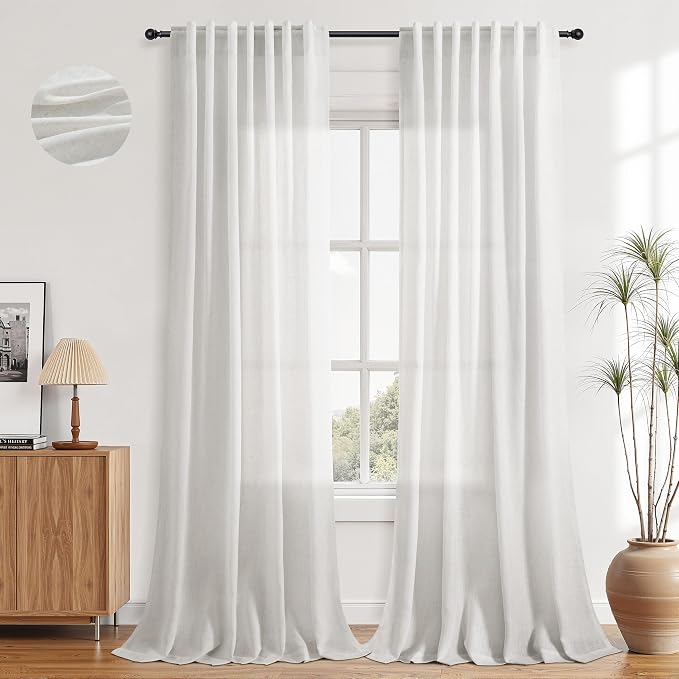Aersas Natural Linen Curtains 120 Inches Length for Living Room Flax Texture Wave Fabric Semi Sheer with Rod Pocket Back Tab for Bedroom Balcony Light Filtering Neutral Home Decor 52x120