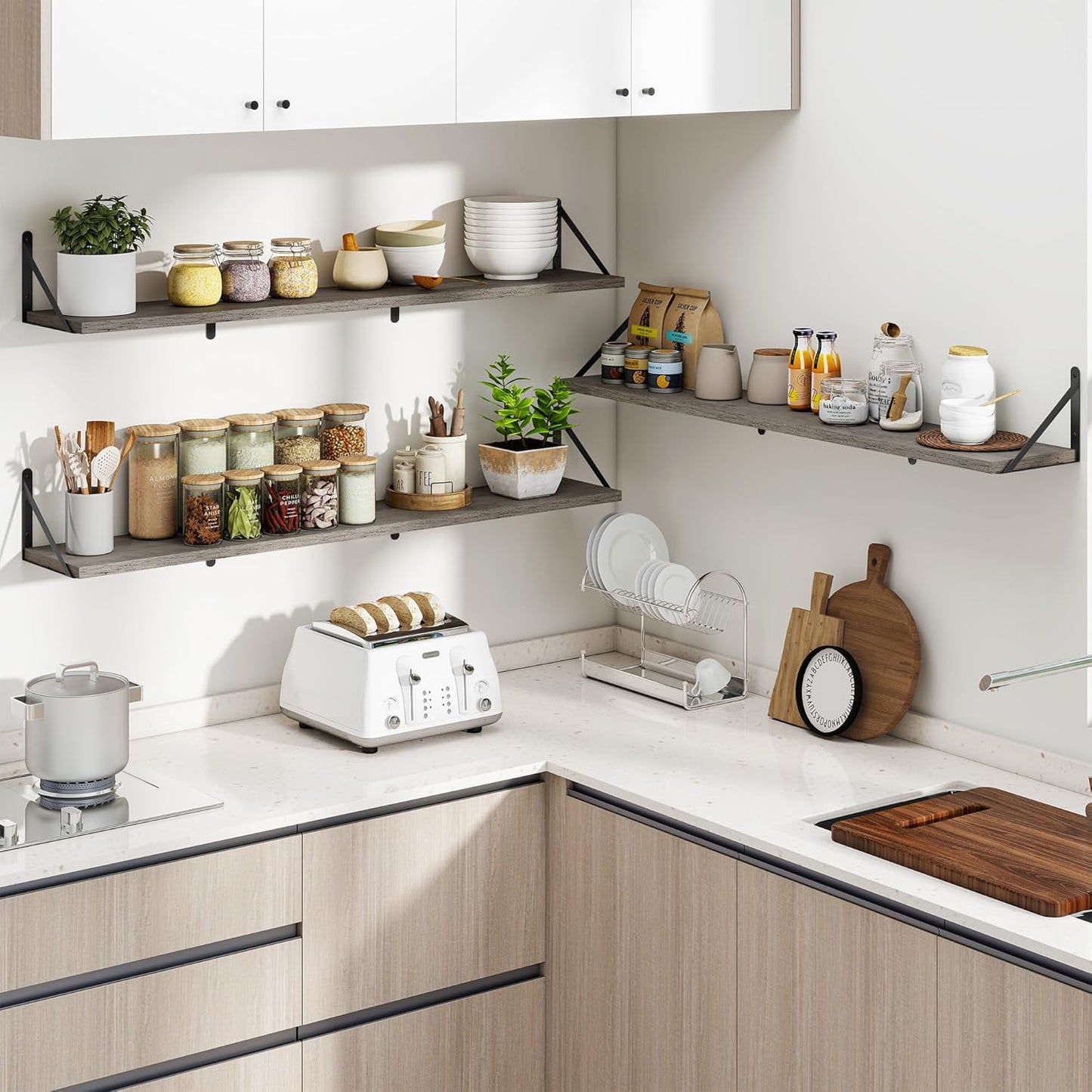 Heimlove 48 Inch Large Floating Bookshelves Set of 3,Wall Mounted Bookshelves,Heavy Duty Bracket Shelves for Living Room,Bedroom,Kitchen,Laundry Room Storage & Decor,Rustic Silver Grey