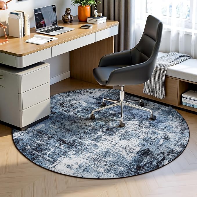 Rugflix Round Area Rugs 4Ft for Living Room, Washable Circle Rug Stain-Resistant Low Pile, Modern Dark Carpet for Bedroom Dining Room Home Office Kid Nursery Room, Navy Blue/Black