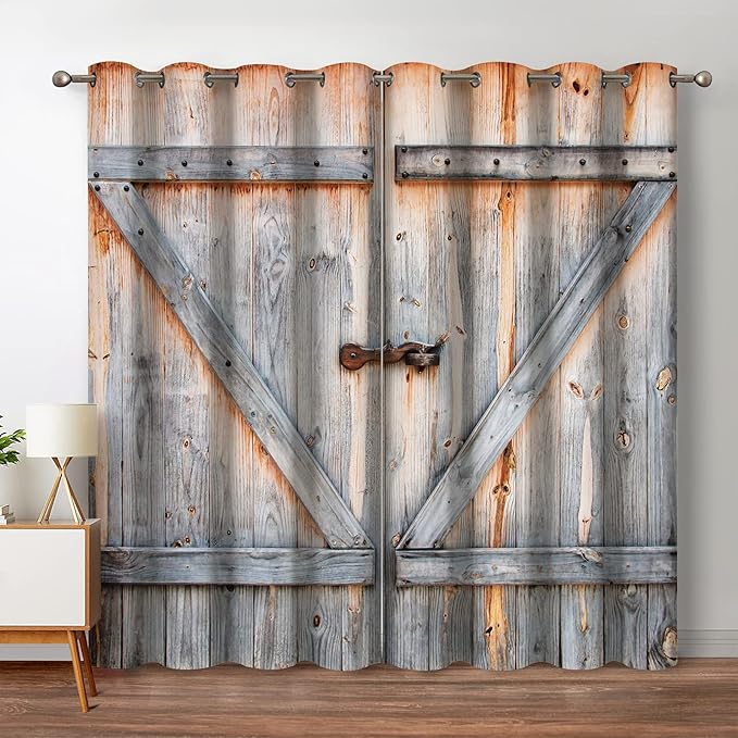 Jekeno Wood Barn Door Blackout Curtains Rustic Farmhouse Wooden Door in Retro Color Oak Board Countryside Village Rural Decor for Bedroom Living Room Grommet Window Drapes 2 Panel Set, 42"x63"