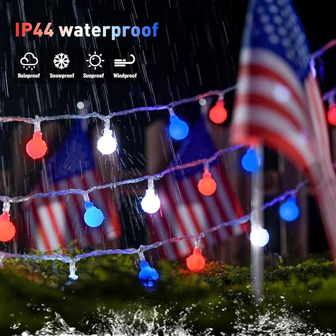 JMEXSUSS Connectable 33ft 100 LED Red White and Blue Lights Indoor Outdoor | 4th of July Decorations Light Plug in, 8 Modes Globe String Lights with Remote for Independence Day Party Patriotic Decor