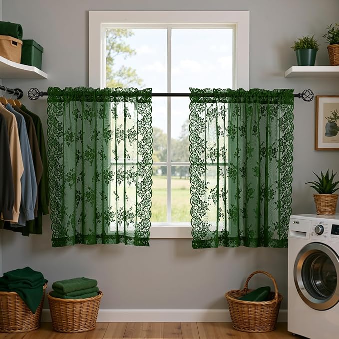 Kotile Dark Green Sheer Curtains 45 Inch Length 2 Panels Set Rustic Floral Froest Hunter Green Short Lace Curtains for Small Windows, Rod Pocket Privacy Sheer Lace Café Curtains, Each 42 x 45 Inch