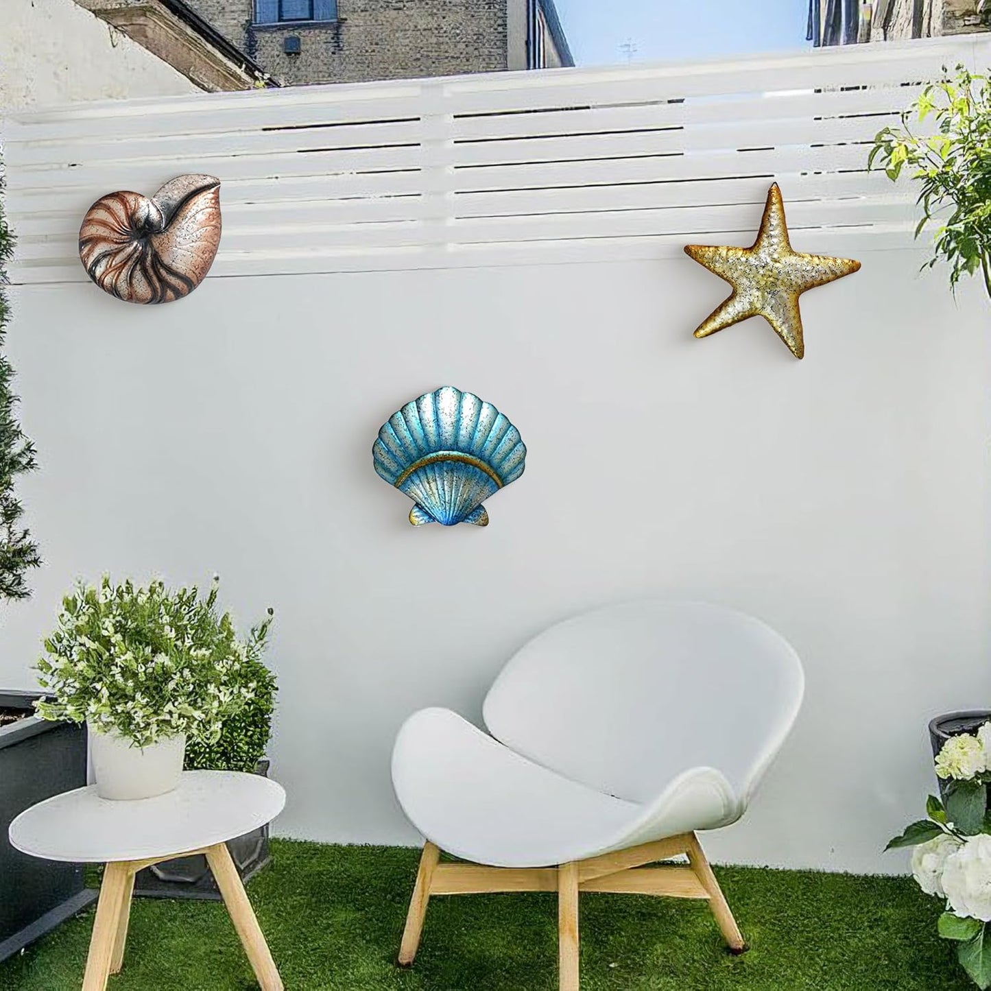 Weibefee 3 Pcs Metal Beach Wall Decor Sea Star Shell Conch Metal Decor Ocean Theme Marine Coastal Bathroom Decorations Rustic Cottage Nautical Wall Art for Office Home Living Room Nursery Room