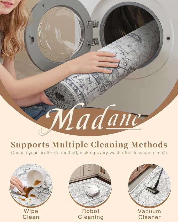 Madane Washable Runner Rug 2x6 Runners for Hallways Non Slip, Grey | Vintage Stain-Resistant 6 Feet Kitchen Rug, Soft Low-Pile Ultra-Thin Floor Carpet Mat for Bathroom Laundry Room Bedroom 2x6ft