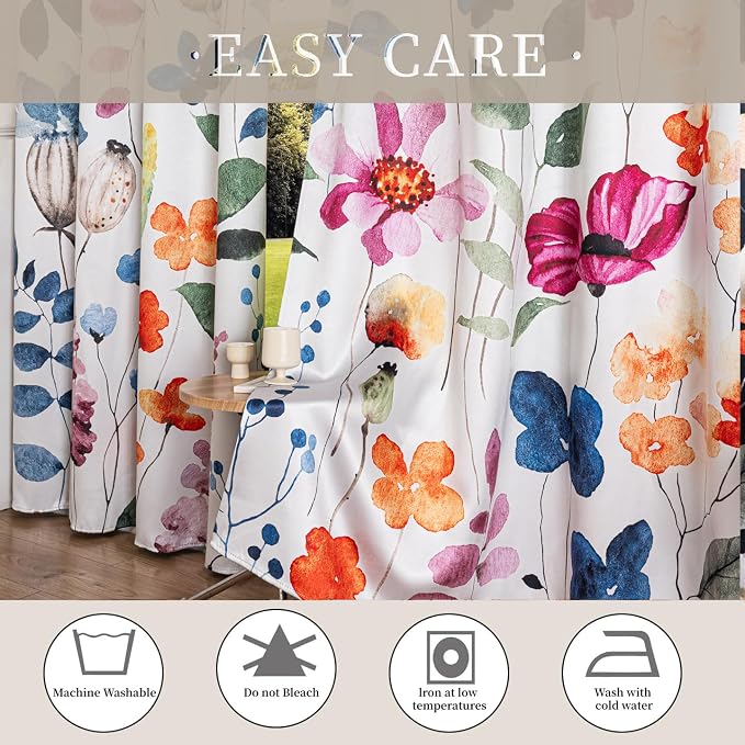 Floral 100% Blackout Curtains 63 inches Long 2 Panels Set, Watercolor Multicolor Flowers Botanical Pattern Black Out Darkening Curtain Thermal Insulated Window Drapes for Bedroom Living Room 52x63
