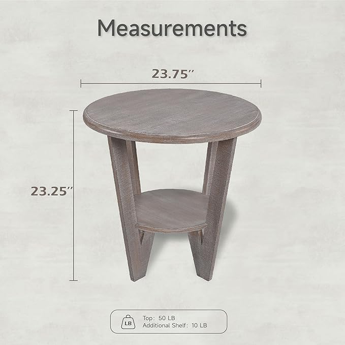 Rustic Farmhouse end Table with Storage Shelf, French Country Accent Side Table for Family, Dinning or Living Room, Small Spaces, Modern, Round, Vintage Grey Finish