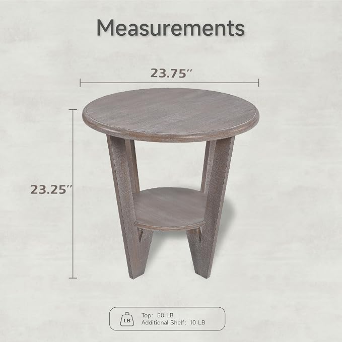Set of 2 Rustic Farmhouse end Table with Storage Shelf, French Country Accent Side Table for Family, Dinning or Living Room, Small Spaces, Modern, Round, Vintage Grey Finish