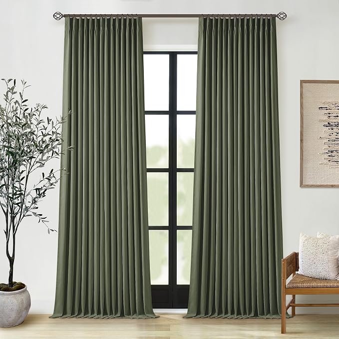 Olive Green Pleated Linen Blackout Curtains 102 Inches Long for Bedroom Living Room Pinch Pleat Black Out Thermal Insulated Ring Hooks Room Darkening Drapes Dark Green Curtains with Liner 40x102