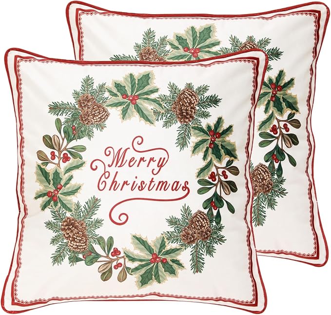 ISAENNE French Chrismas Velvet Throw Pillow Cover,Set of 2,18"x18"-Carol A | Vintage Square Pillow Cover,Concealed Zipper Design,Pinecones Pattern,Sofas,Bedroom,Living Room,Lounge Chairs,Decor