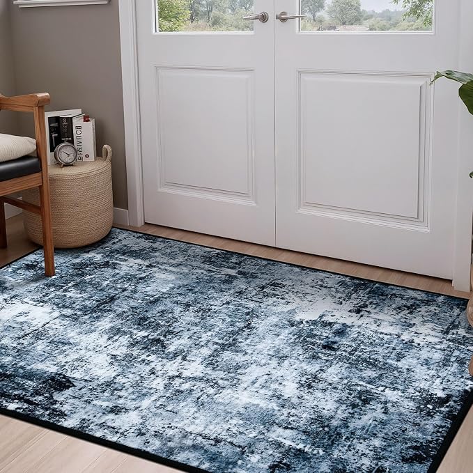 Rugflix 3x4 Entrance Rugs, Entry Rug Washable Non-Slip Stain-Resistant Low Pile Small Modern Dark Carpet, for Living Room Bedroom Indoor, Navy Blue/Black