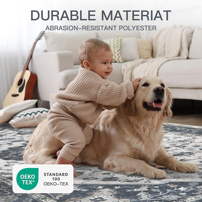9x12 Vintage Washable Area Rug for Living Room,Low Pile Non Slip Carpet Non-Shedding Large Area Rug Soft Indoor Stain Resistant Rug Floral Print Mat for Bedroom Dining Room Blue Beige