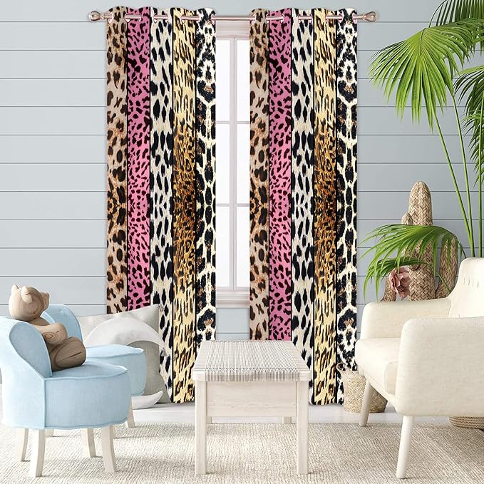 Wild Animal Print Curtain, Room Darkening Thermal Insulated Blackout Leopard Boa Window Drapes with Grommets for Living, Dining, Bedroom, Pink Leopard Print, 42"x 90", 2 Panels