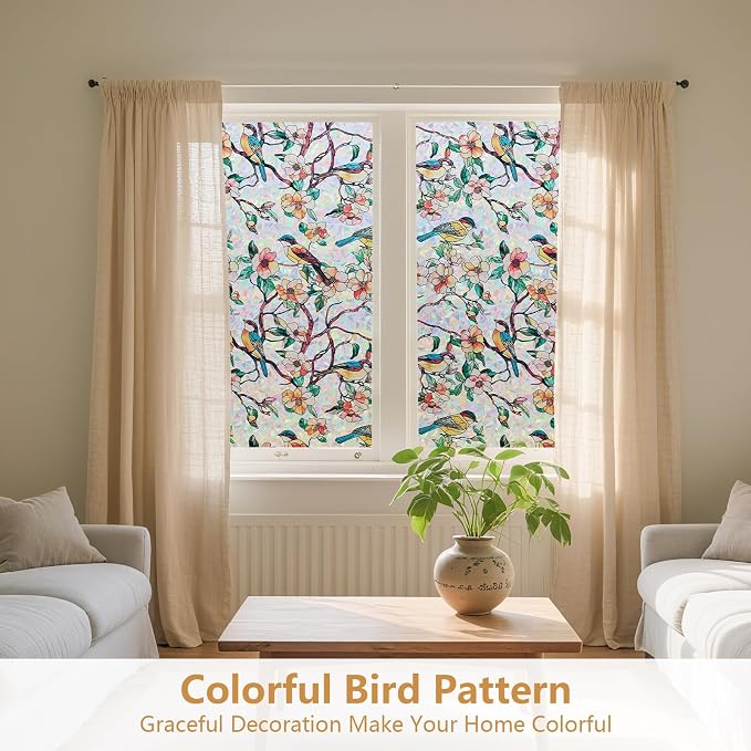 Kromapolis Window Privacy Film, Stained Glass Sticker Floral Window Clings, Decorative Static Clings UV Blocking Colorful Decals, Removable Vinyl Covering Rainbow Camellia, 17.5'' x 78.7''